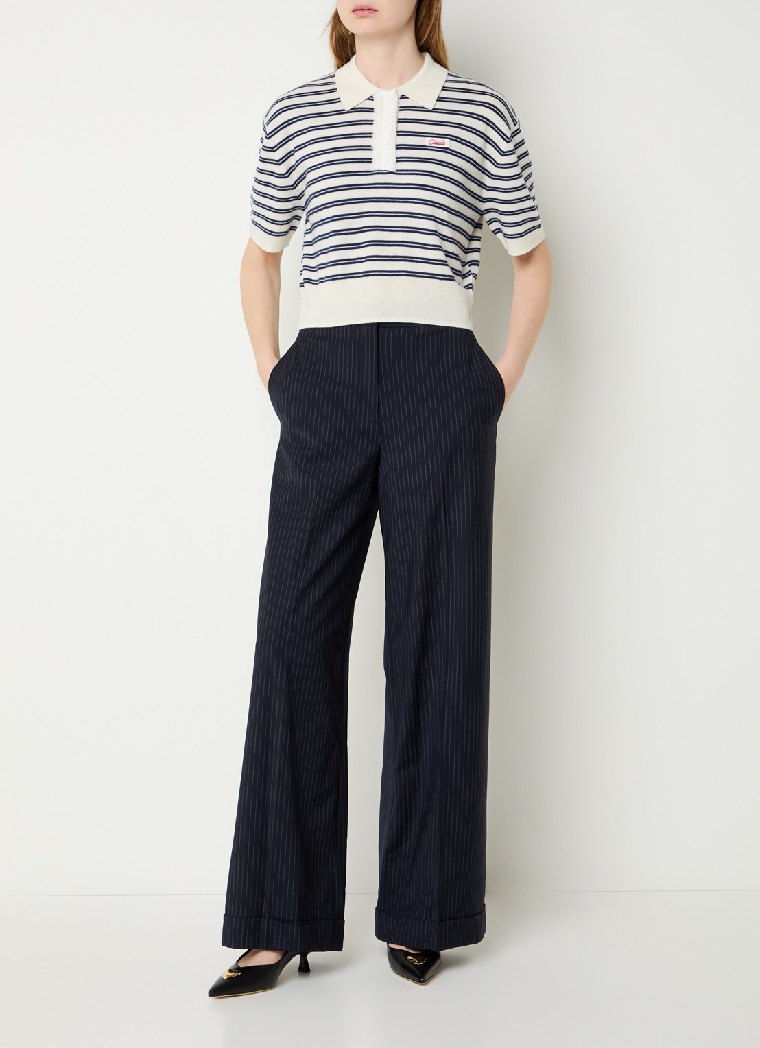 Claudie Pierlot Pacome high waist loose fit pantalon met streepprint - voorkant 4 donkerblauw