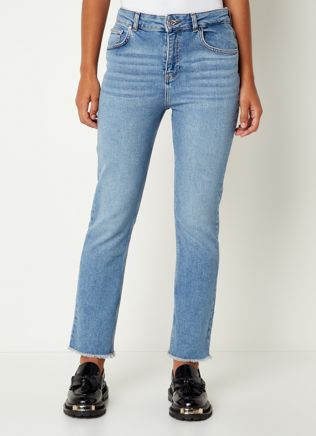 Claudie Pierlot Pageter high waist slim fit cropped jeans met gerafelde zoom  - detail 4 indigo