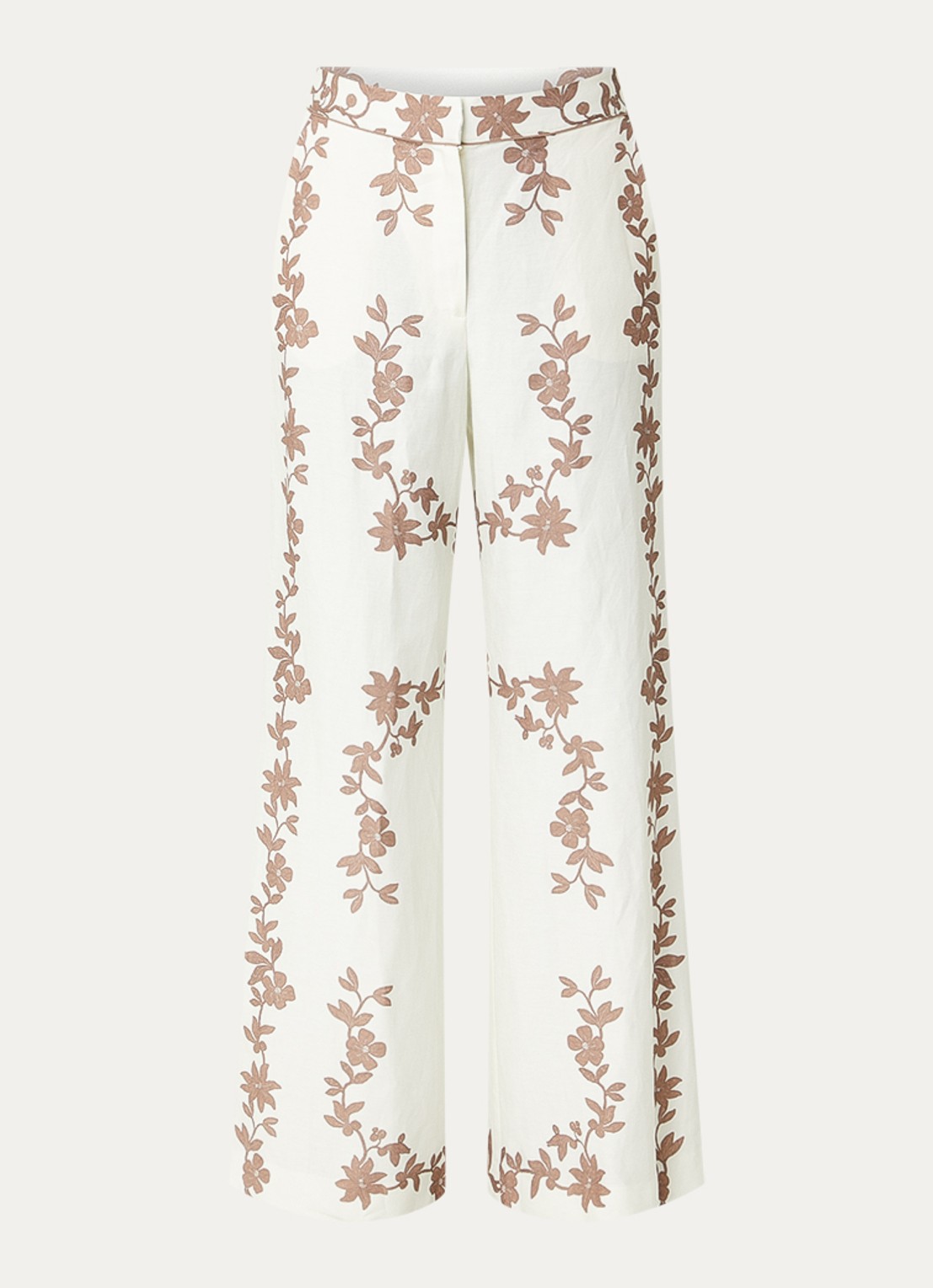 Claudie Pierlot Paulafleur high waist wide fit pantalon in linnenblend met bloemenprint - voorkant bruin