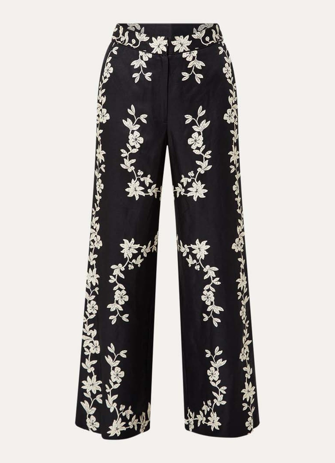 Claudie Pierlot Paulafleur high waist wide fit pantalon in linnenblend met bloemenprint - voorkant zwart