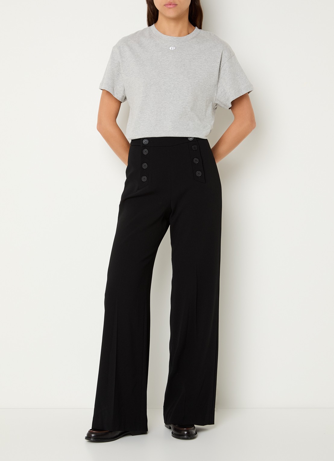 Claudie Pierlot Paulie high waist straight fit pantalon met stretch - voorkant 2 zwart