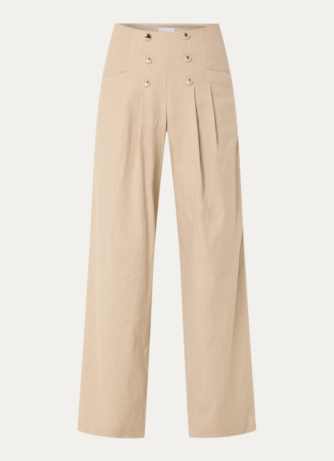 Claudie Pierlot Paulin high waist wide fit pantalon in linnenblend met sierknopen - voorkant beige