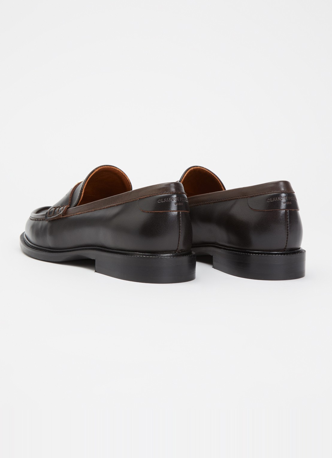 Claudie Pierlot Penny loafer van kalfsleer met logo - achterkant donkerbruin