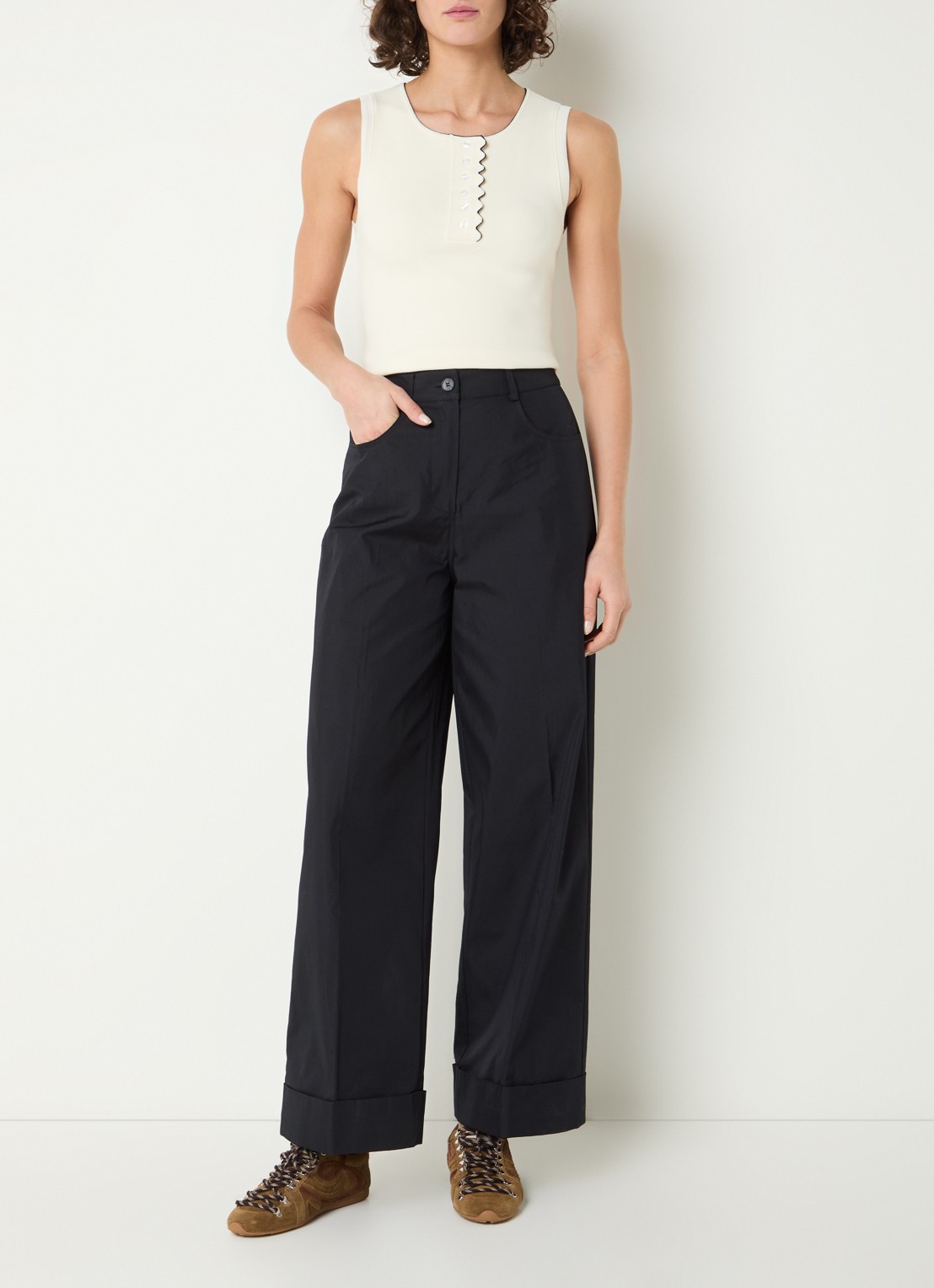 Claudie Pierlot Piano high waist loose fit pantalon met steekzakken - voorkant 2 donkerblauw