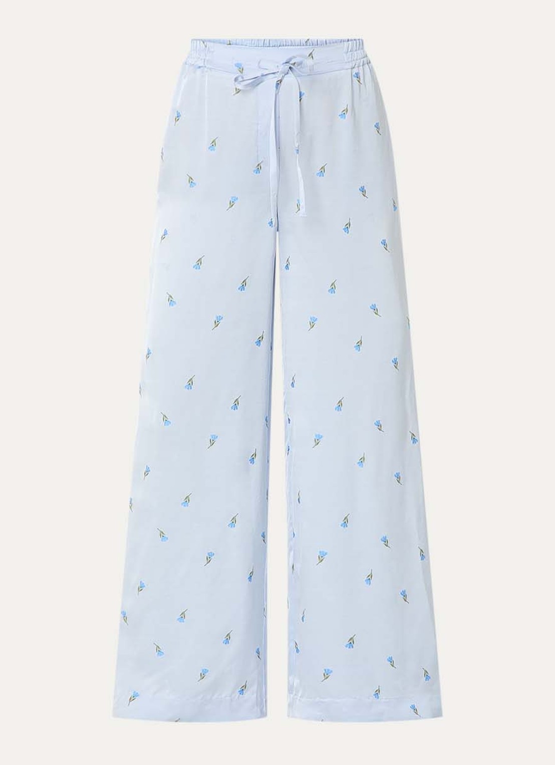 Claudie Pierlot Piste high waist wide fit pantalon van satijn met bloemborduring - voorkant 2 lichtblauw