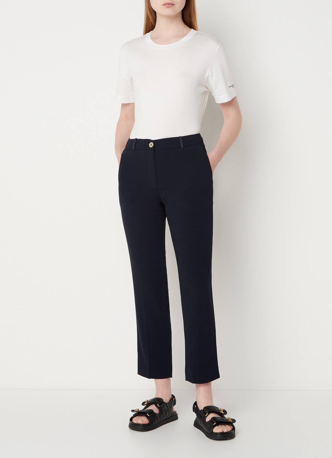 Claudie Pierlot Poupin high waist slim fit cropped pantalon met steekzakken  - voorkant 2 donkerblauw