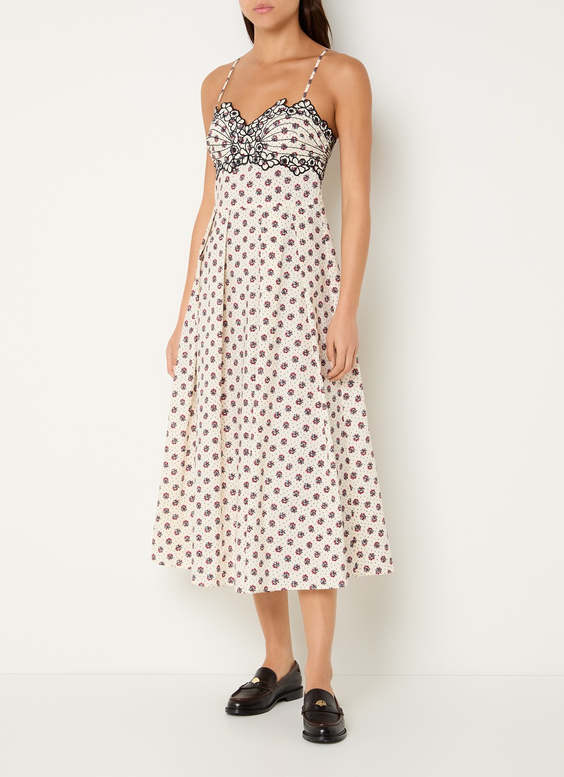 Claudie Pierlot Rachy midi jurk met bloemenprint en borduring - detail 4 gebroken wit
