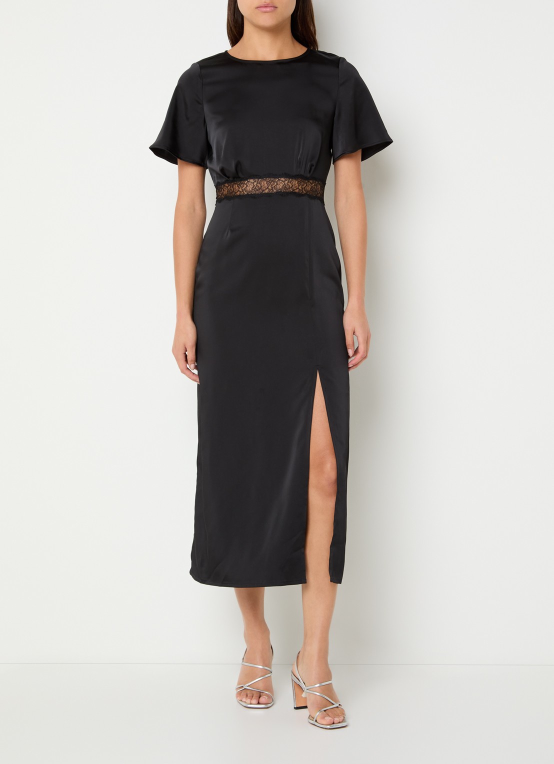 Claudie Pierlot Rama midi jurk van satijn met details van kant - detail zwart