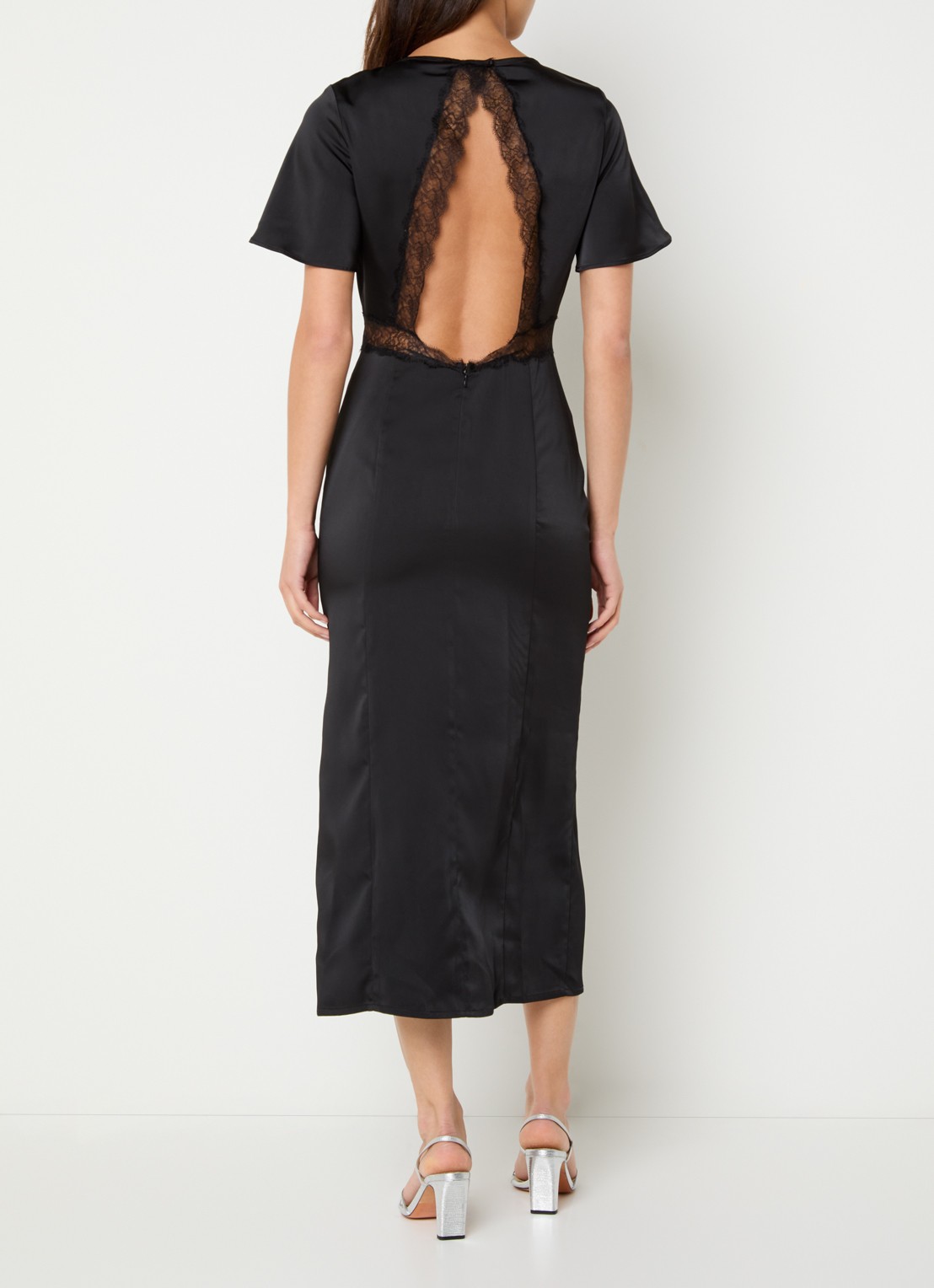 Claudie Pierlot Rama midi jurk van satijn met details van kant - voorkant 3 zwart