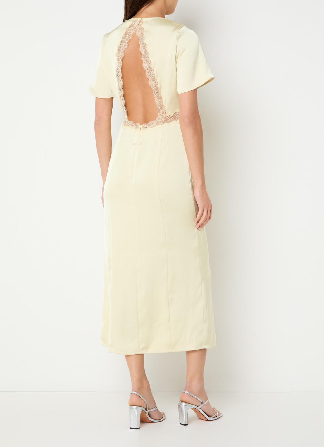 Claudie Pierlot Ramabis midi jurk van satijn met details van kant - voorkant 3 geel