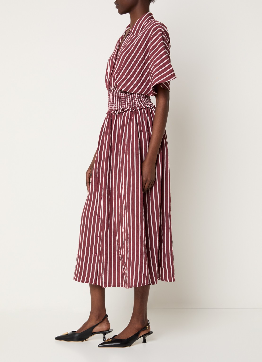 Claudie Pierlot Remine midi jurk met smockwerk - voorkant 3 bordeauxrood