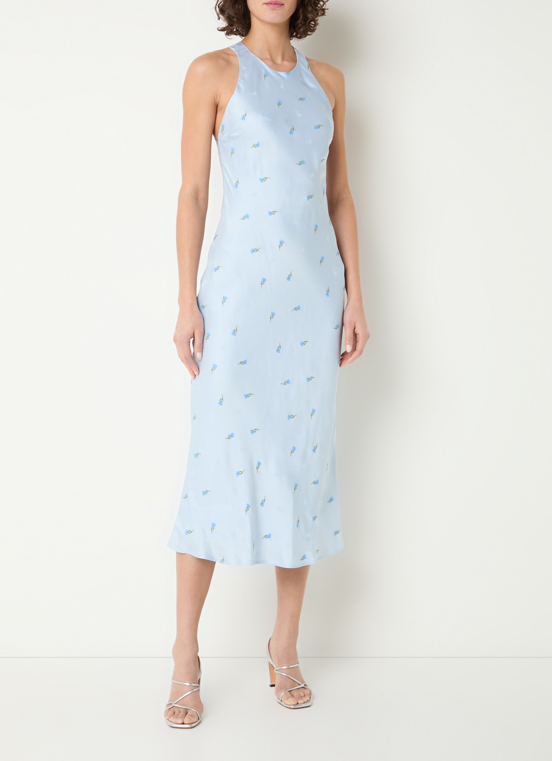 Claudie Pierlot Rency midi jurk van satijn met bloemenprint en rugdecolleté - detail 4 lichtblauw