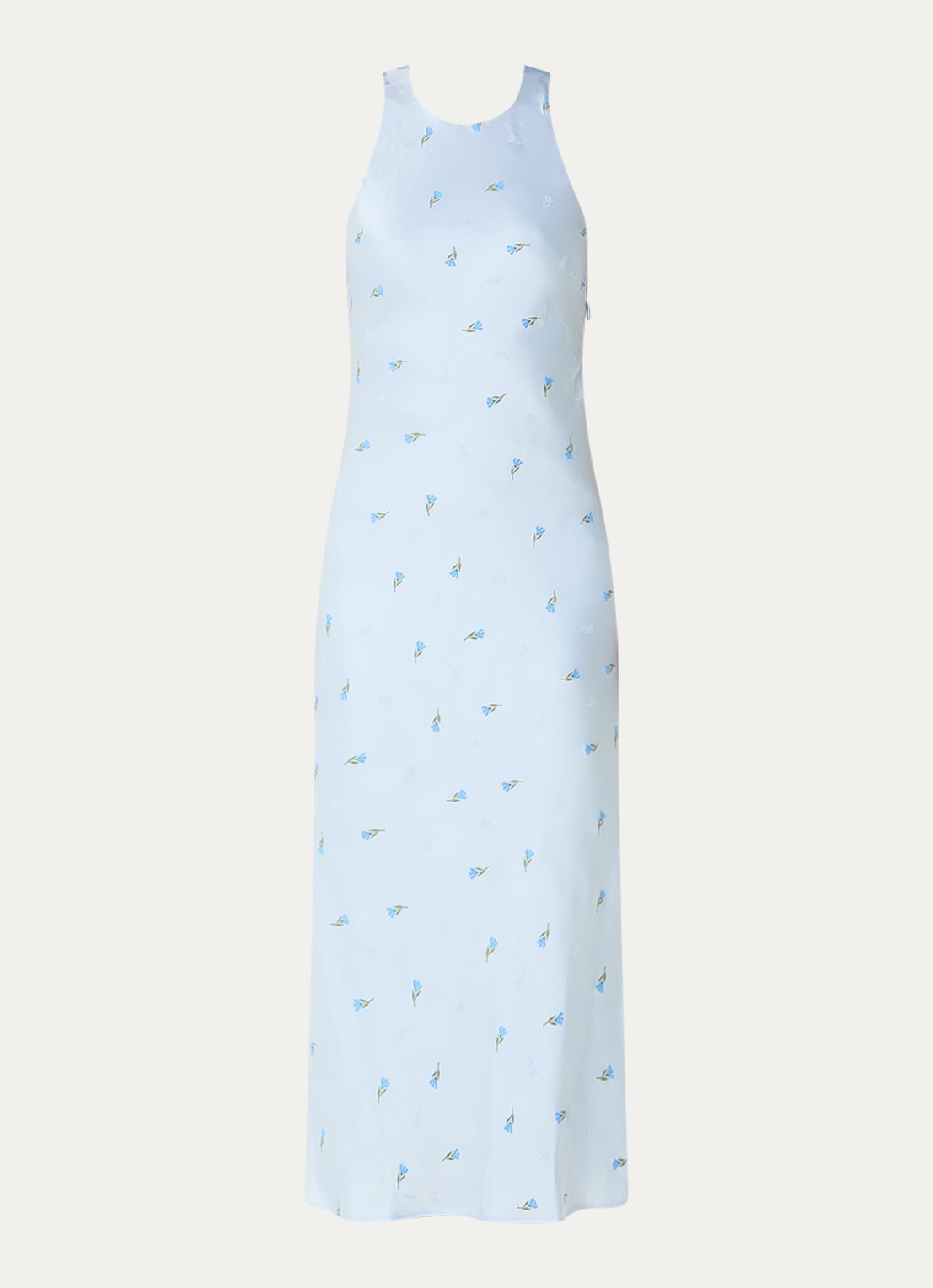 Claudie Pierlot Rency midi jurk van satijn met bloemenprint en rugdecolleté - voorkant 2 lichtblauw