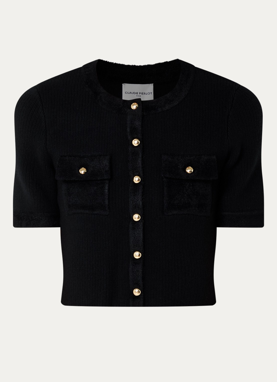 Claudie Pierlot Ribgebreide crop top in wolblend - voorkant 3 zwart