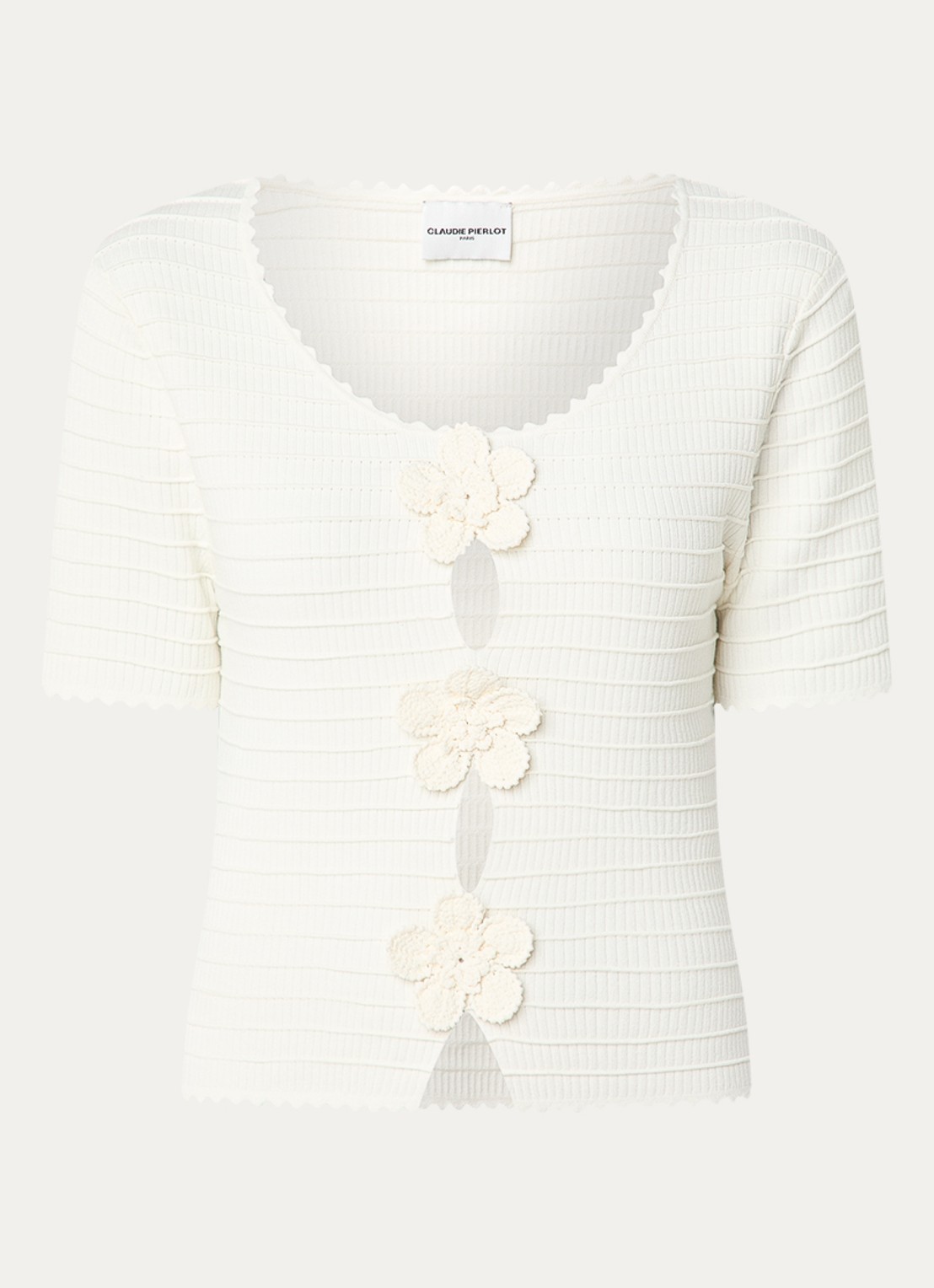 Claudie Pierlot Ribgebreide top met ronde hals en crochet - voorkant 2 gebroken wit