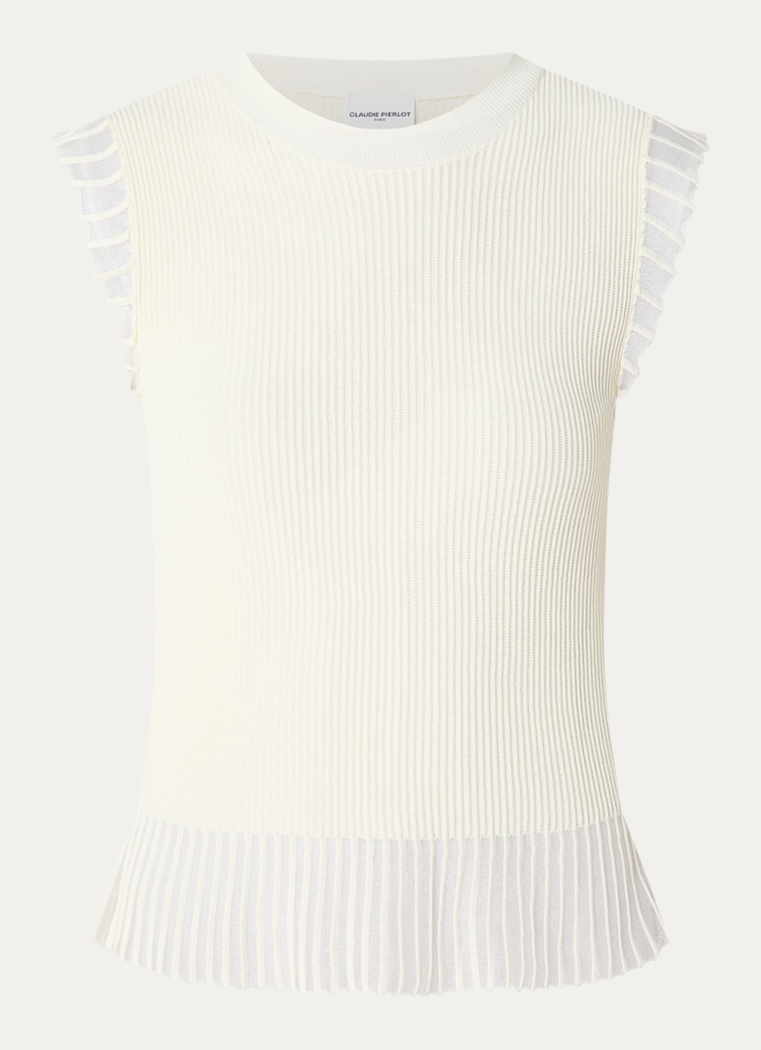 Claudie Pierlot Ribgebreide top met ronde hals - voorkant 3 gebroken wit