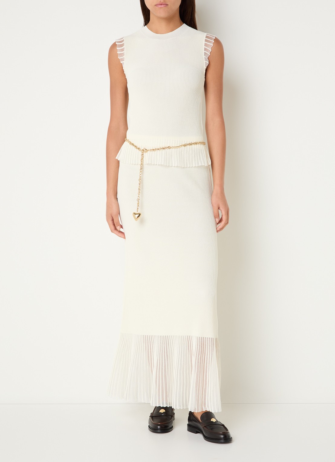 Claudie Pierlot Ribgebreide top met ronde hals - voorkant 4 gebroken wit