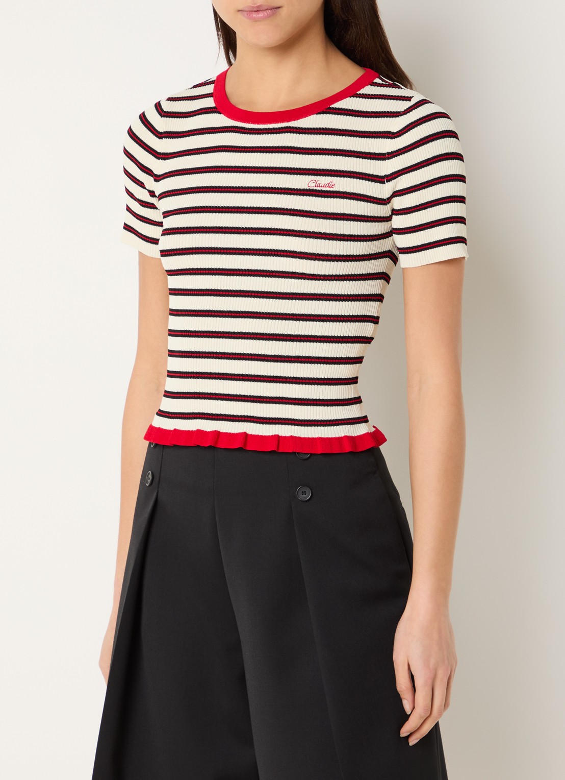 Claudie Pierlot Ribgebreide top met streepprint - detail rood