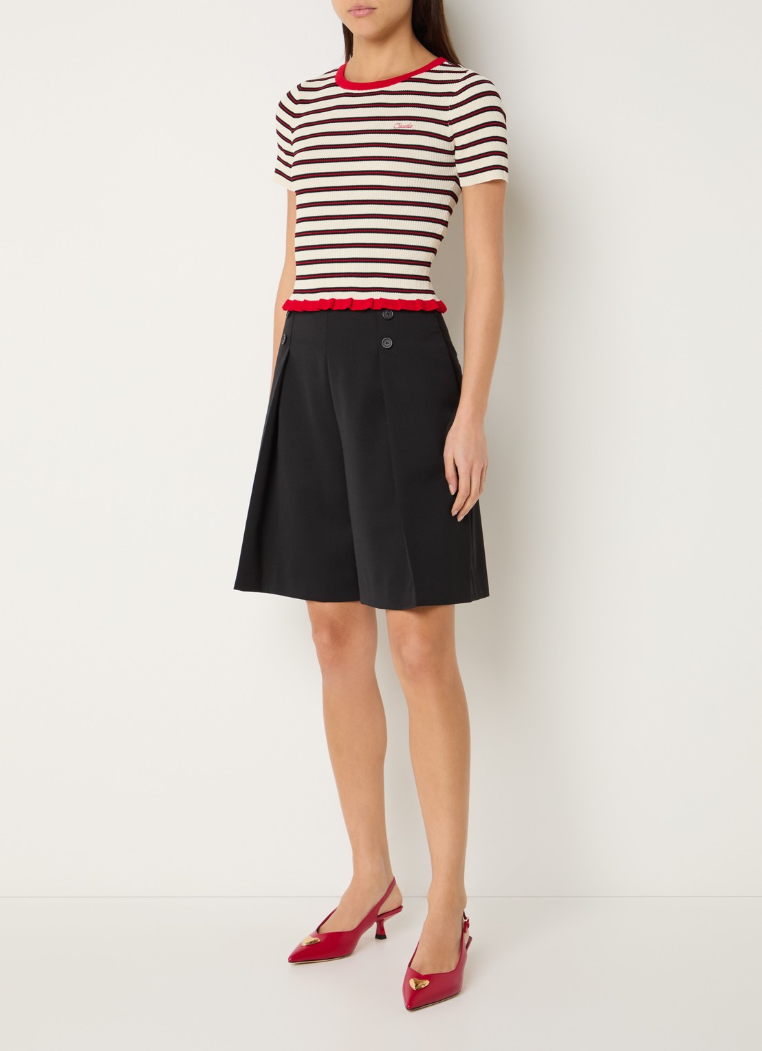Claudie Pierlot Ribgebreide top met streepprint - voorkant 3 rood