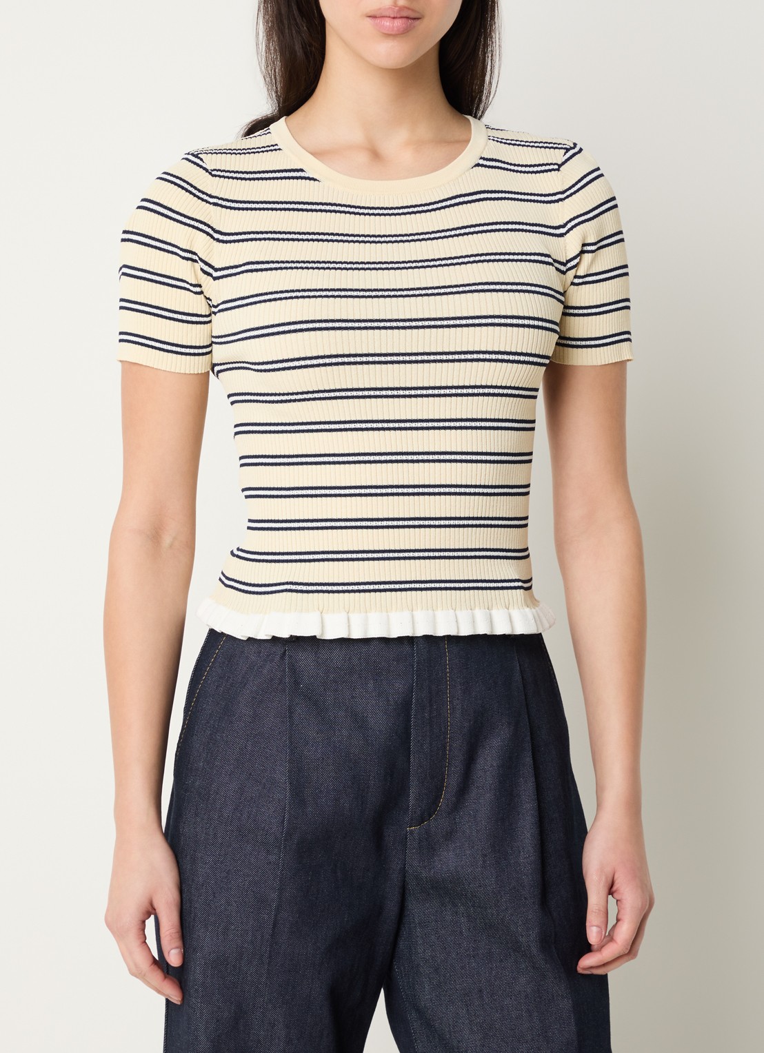 Claudie Pierlot Ribgebreide top met streepprint  - detail creme