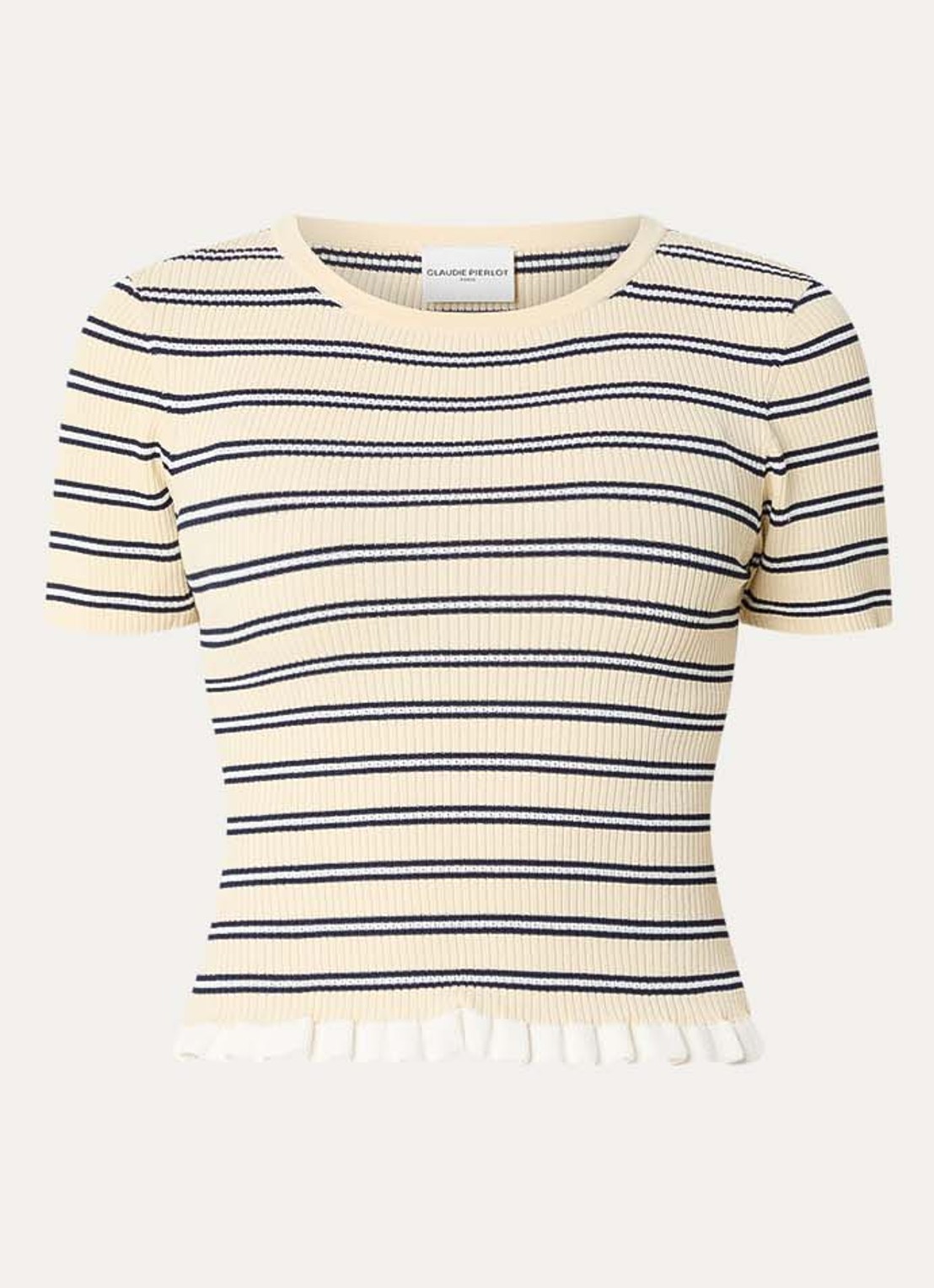 Claudie Pierlot Ribgebreide top met streepprint  - voorkant 3 creme