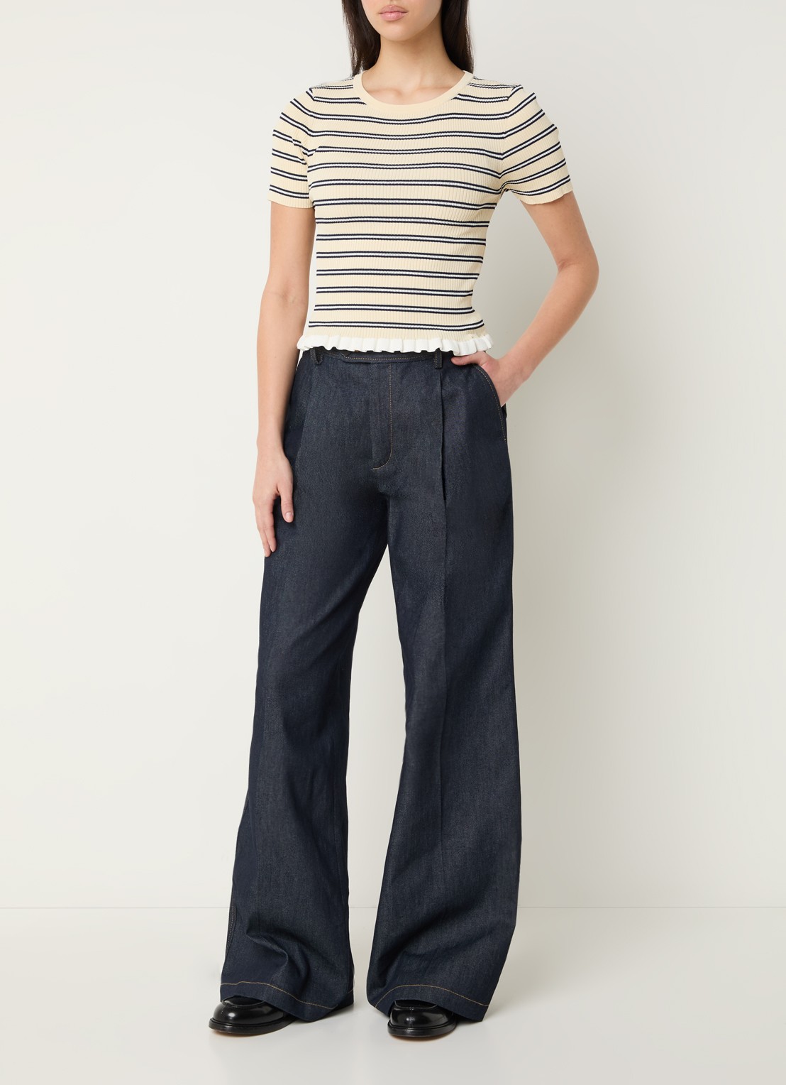 Claudie Pierlot Ribgebreide top met streepprint  - voorkant 4 creme