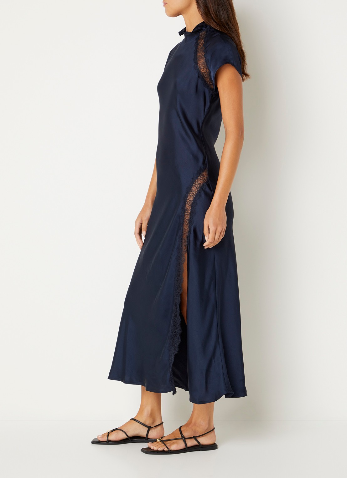 Claudie Pierlot Richie midi jurk van satijn met details van kant - voorkant 2 donkerblauw