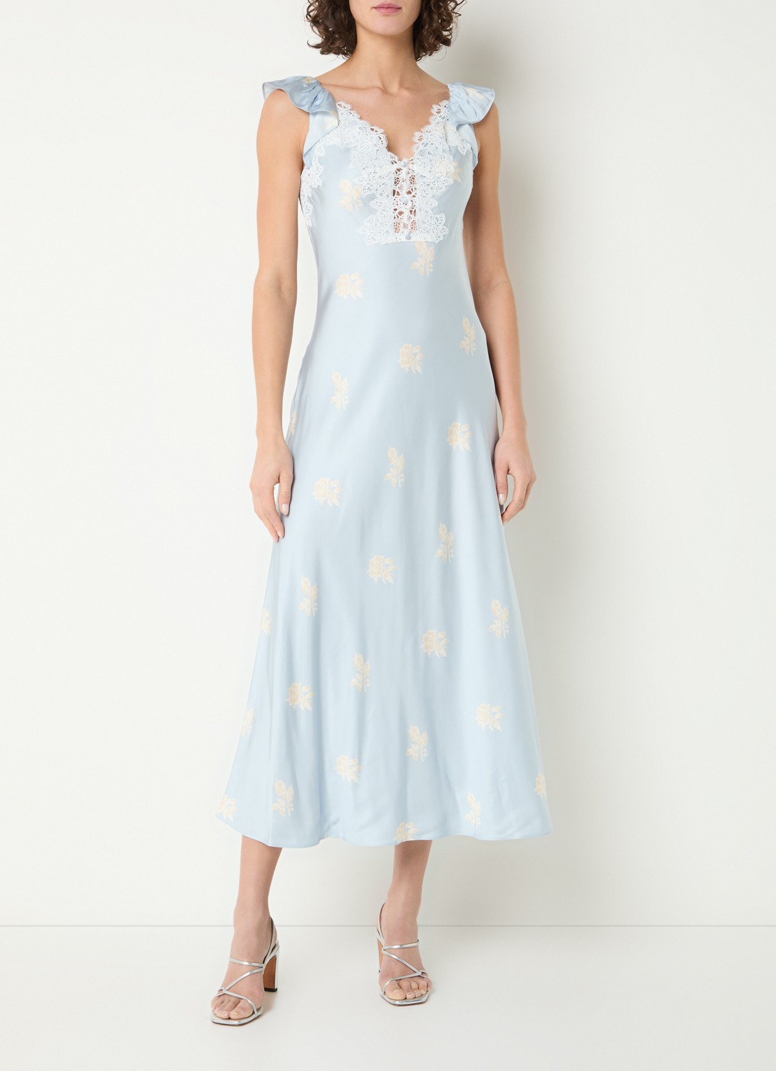 Claudie Pierlot Romance midi jurk van satijn met details van kant - detail lichtblauw