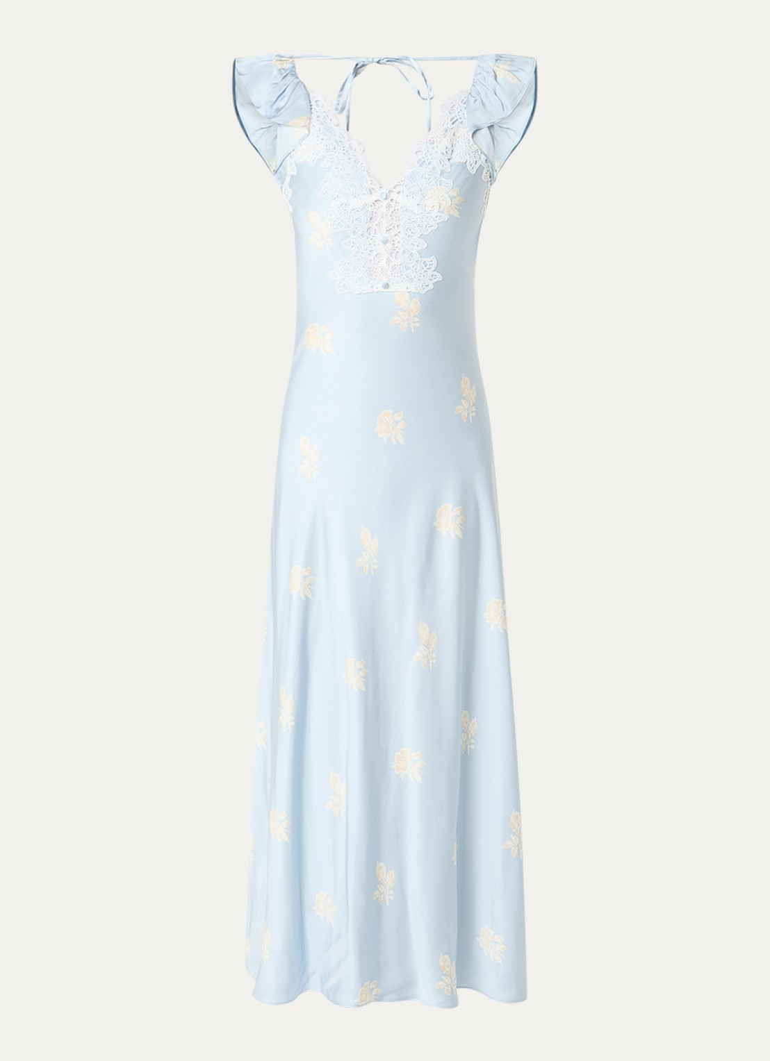 Claudie Pierlot Romance midi jurk van satijn met details van kant - voorkant 2 lichtblauw