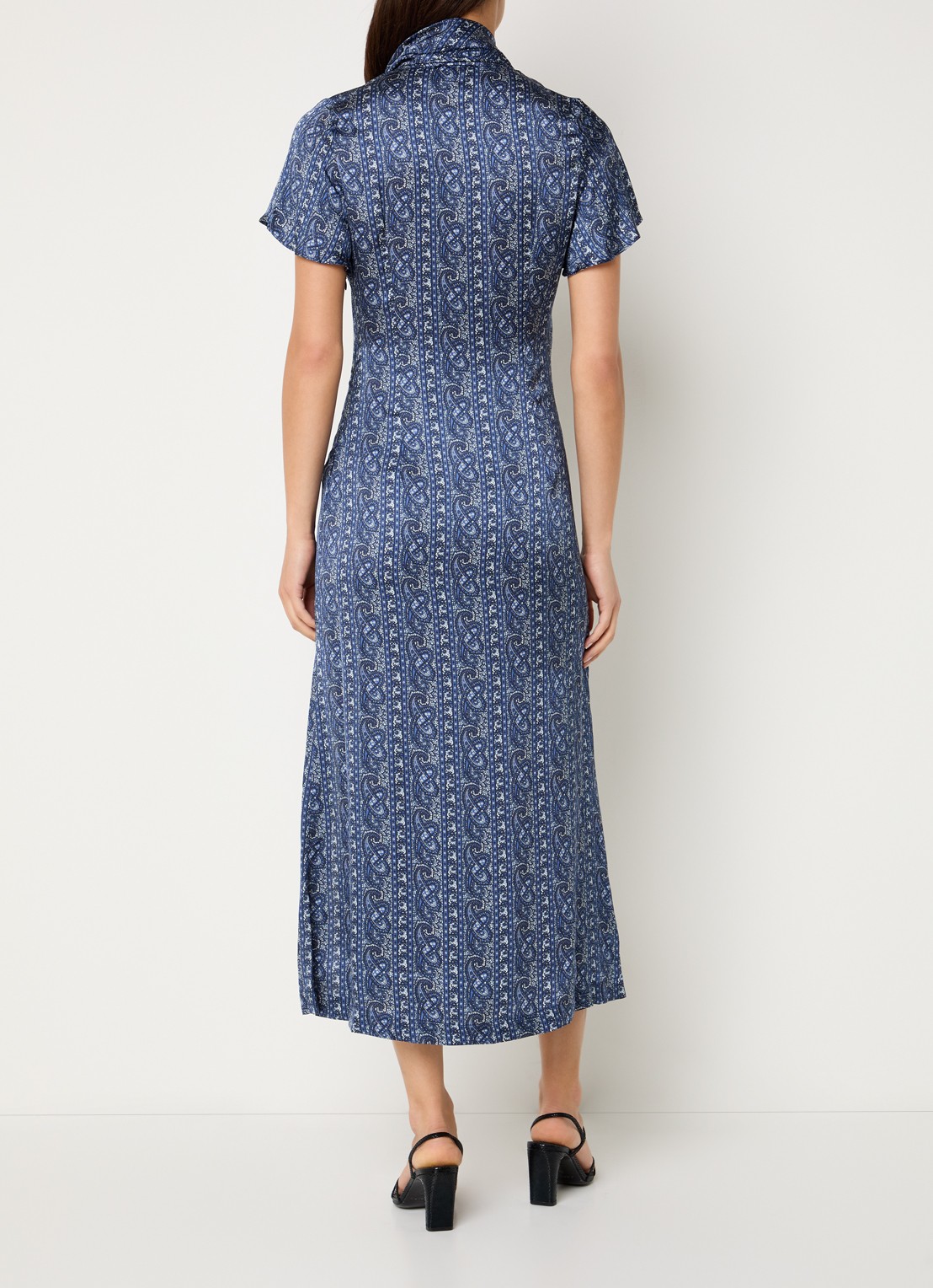 Claudie Pierlot Rosace midi jurk met sjaalkraak en paisley dessin  - achterkant 3 blauw