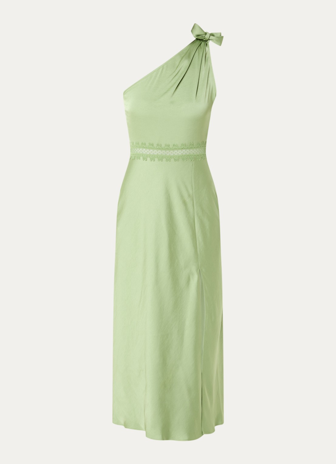 Claudie Pierlot Rosalia midi jurk met asymmetrische hals en details van kant - voorkant 2 groen