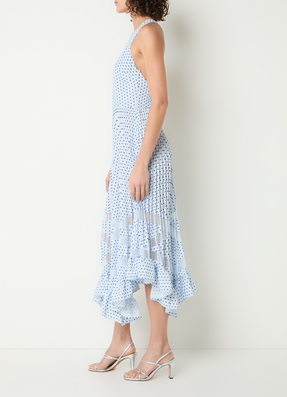 Claudie Pierlot Roseliapois midi jurk met stippenprint en ruches - achterkant 4 lichtblauw