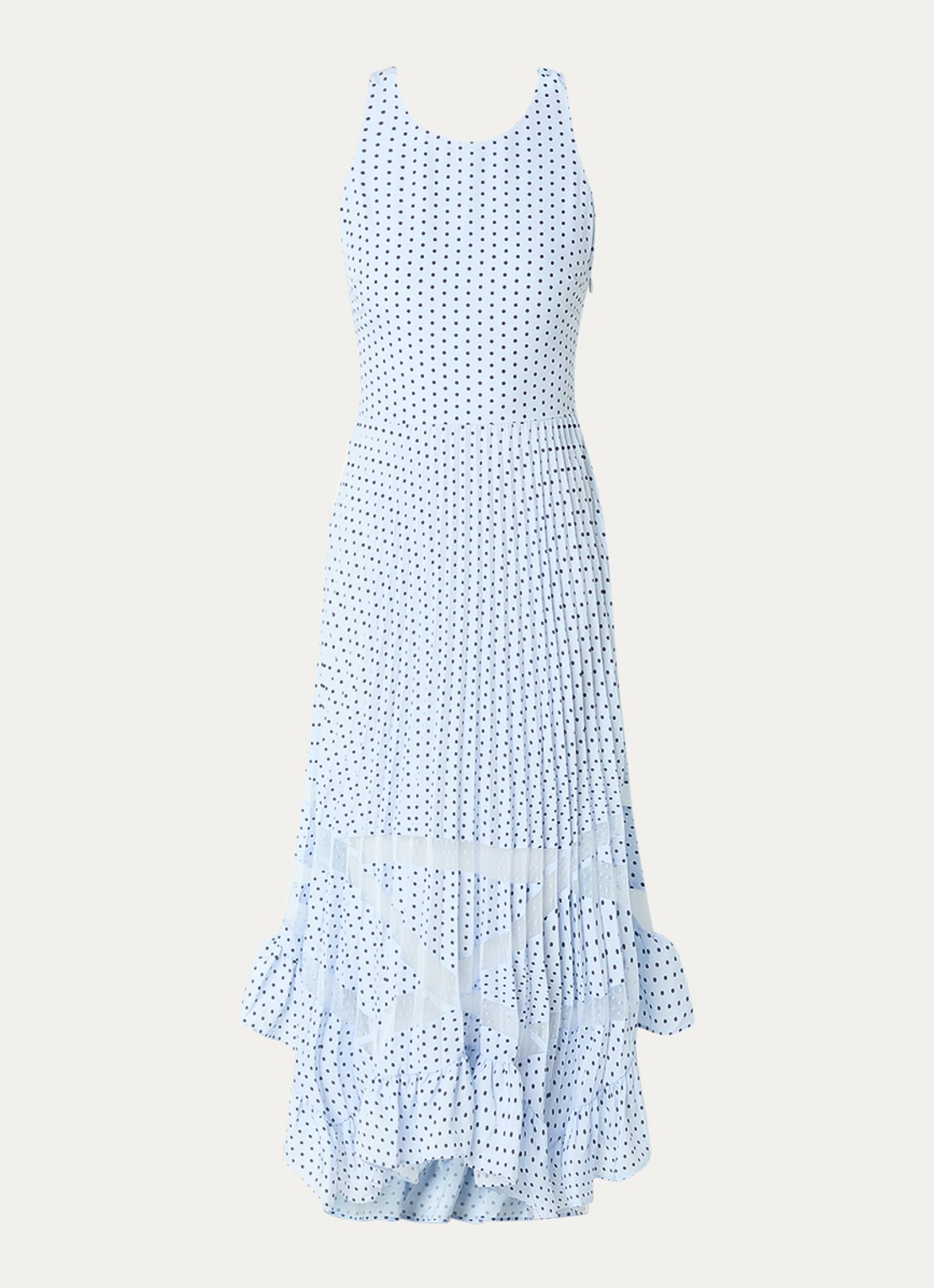 Claudie Pierlot Roseliapois midi jurk met stippenprint en ruches - voorkant lichtblauw