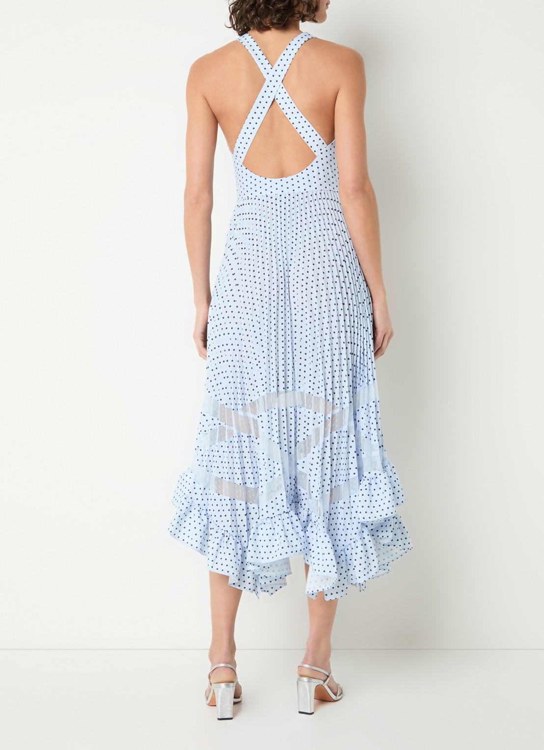 Claudie Pierlot Roseliapois midi jurk met stippenprint en ruches - voorkant 2 lichtblauw
