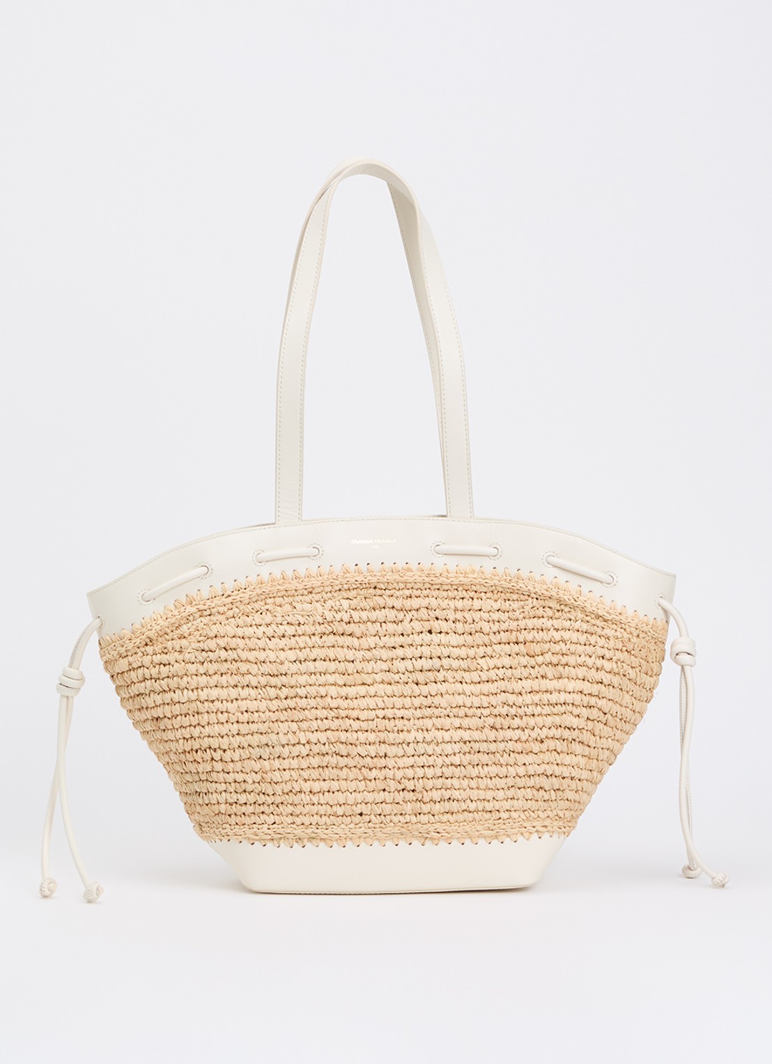Claudie Pierlot Schoudertas van raffia met details van kalfsleer - voorkant gebroken wit