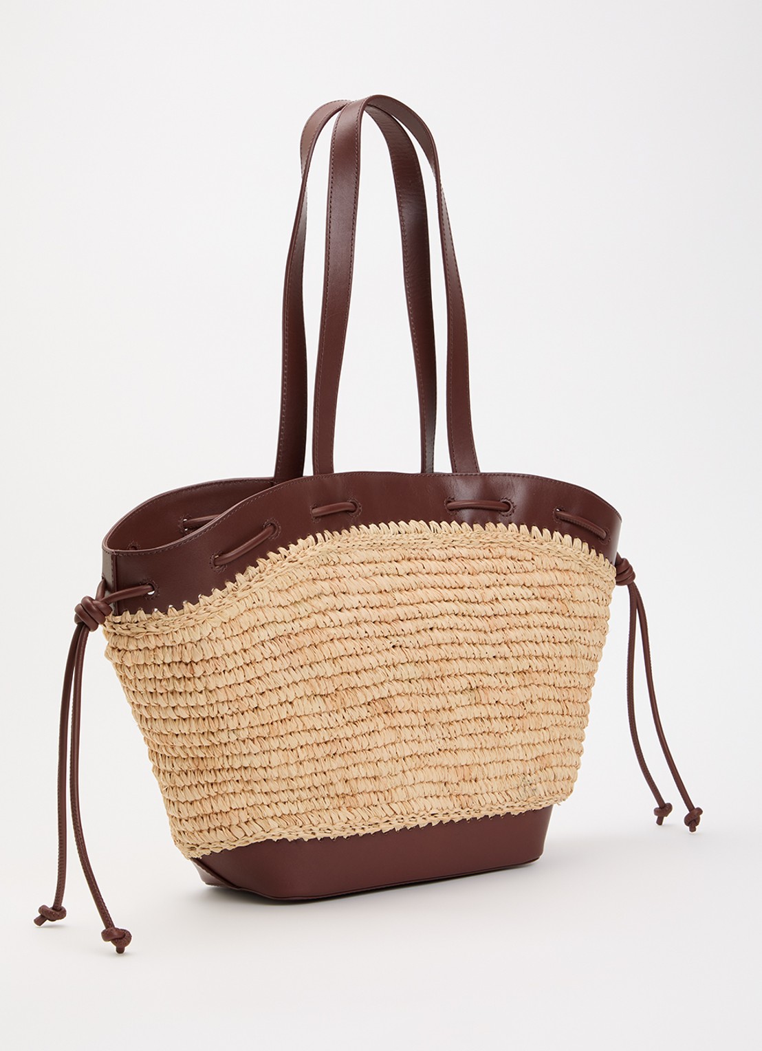 Claudie Pierlot Schoudertas van raffia met details van kalfsleer - achterkant 2 kastanjebruin