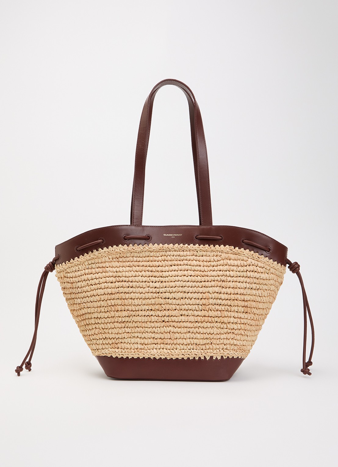 Claudie Pierlot Schoudertas van raffia met details van kalfsleer - voorkant kastanjebruin