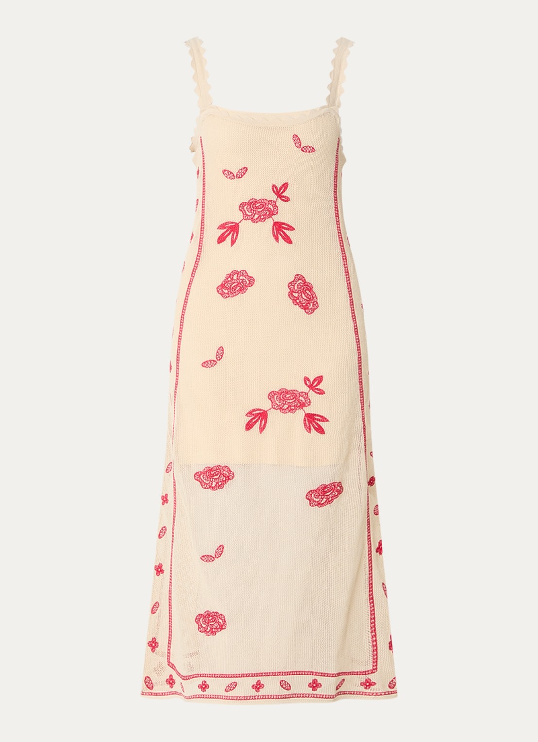 Claudie Pierlot Semi-transparante midi jurk met bloemborduring - voorkant 2 beige