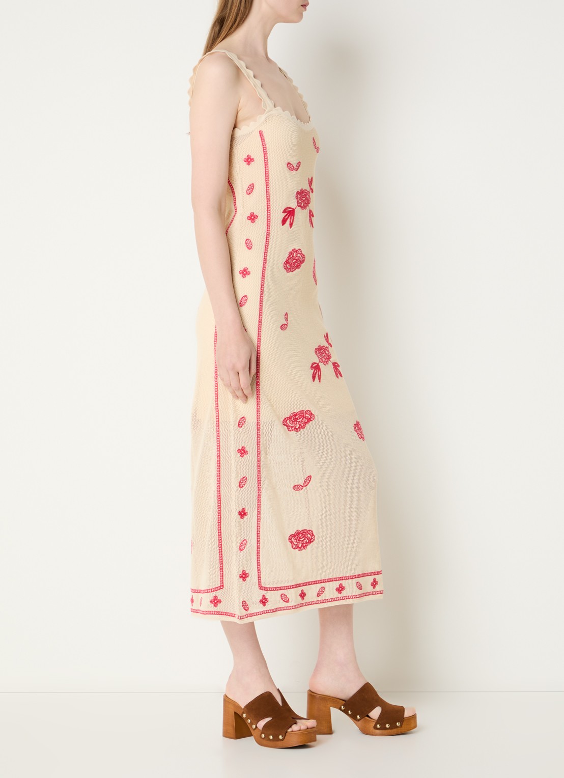 Claudie Pierlot Semi-transparante midi jurk met bloemborduring - voorkant 3 beige