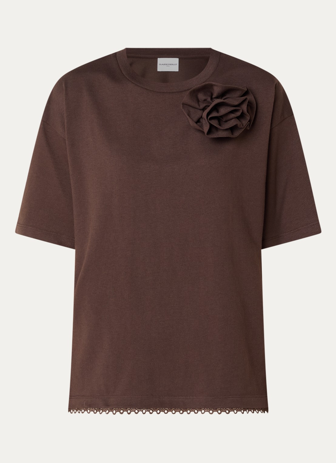 Claudie Pierlot T-shirt met ronde hals en geschulpte zoom - voorkant 3 hazelnootbruin