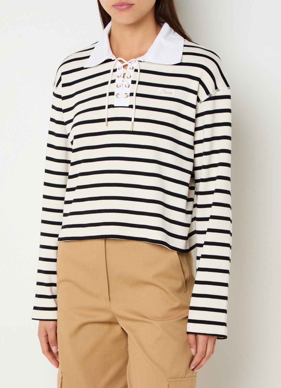 Claudie Pierlot Tamy longsleeve met streepprint en rijgdetail - detail 4 creme