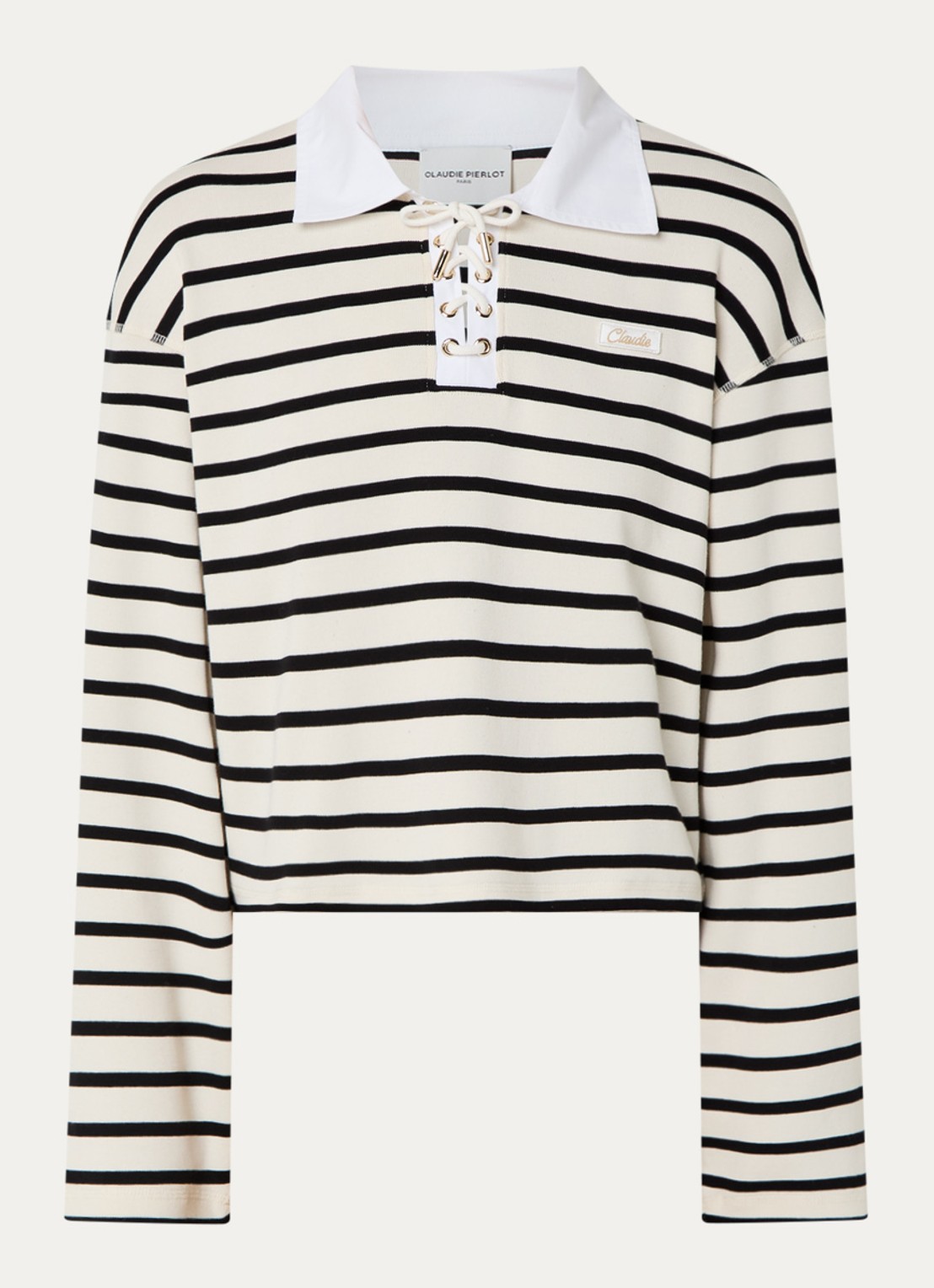 Claudie Pierlot Tamy longsleeve met streepprint en rijgdetail - voorkant 2 creme