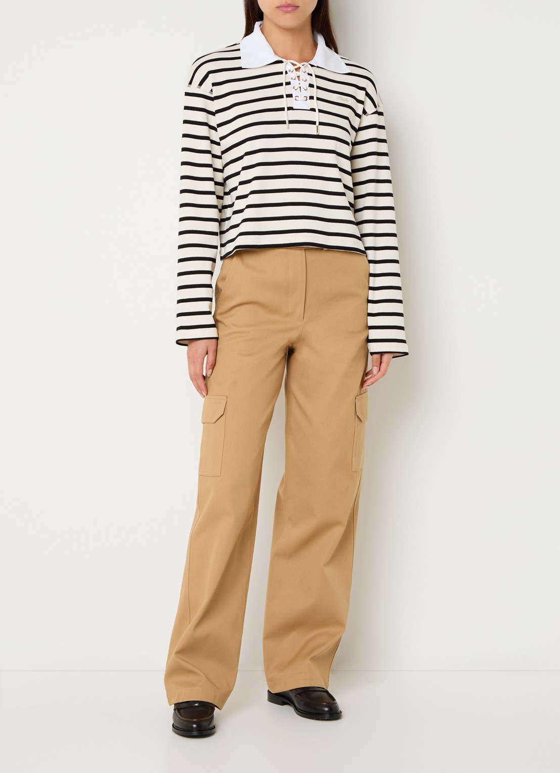 Claudie Pierlot Tamy longsleeve met streepprint en rijgdetail - voorkant 3 creme