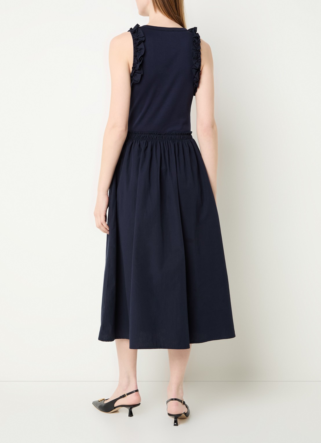 Claudie Pierlot Taprina maxi jurk met ruches - achterkant donkerblauw