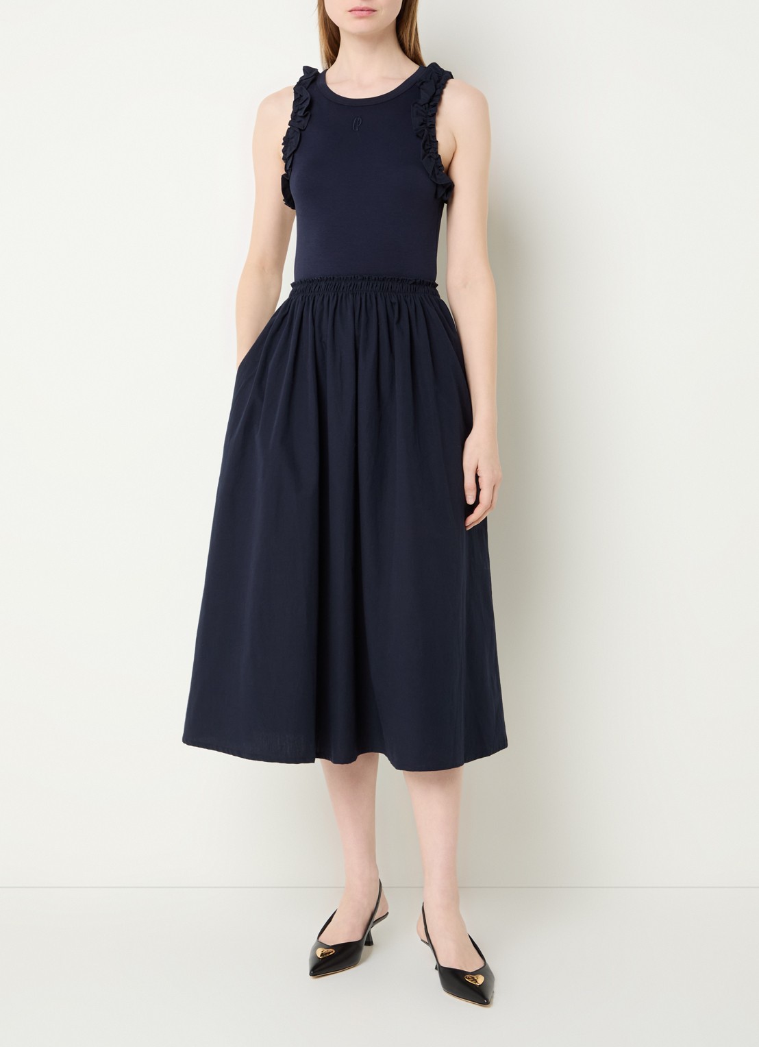 Claudie Pierlot Taprina maxi jurk met ruches - detail 2 donkerblauw