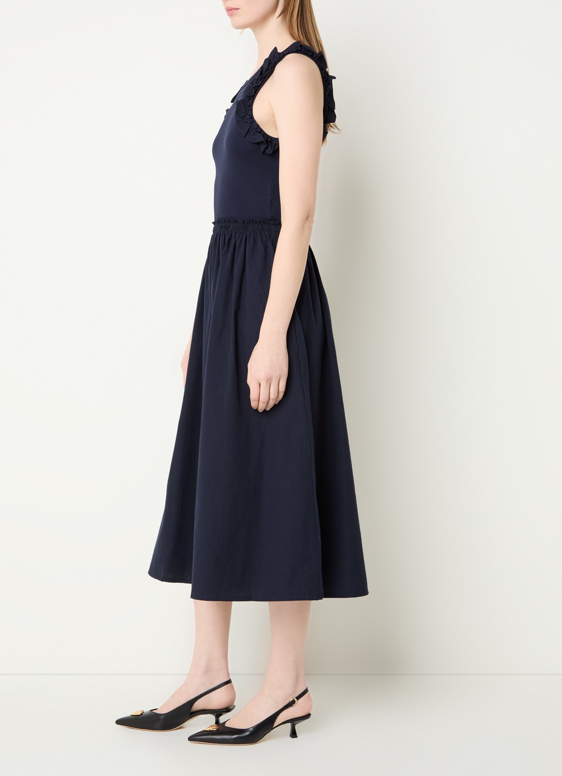 Claudie Pierlot Taprina maxi jurk met ruches - voorkant 4 donkerblauw