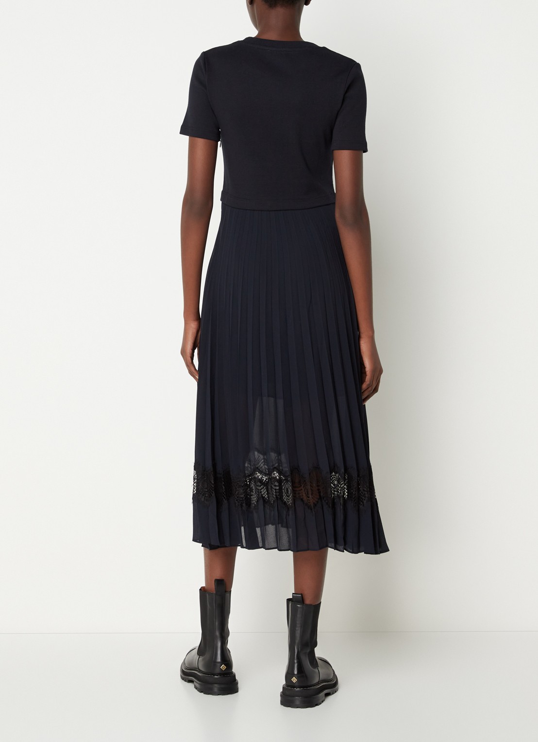 Claudie Pierlot Teli midi jurk met plissé en kant - achterkant donkerblauw