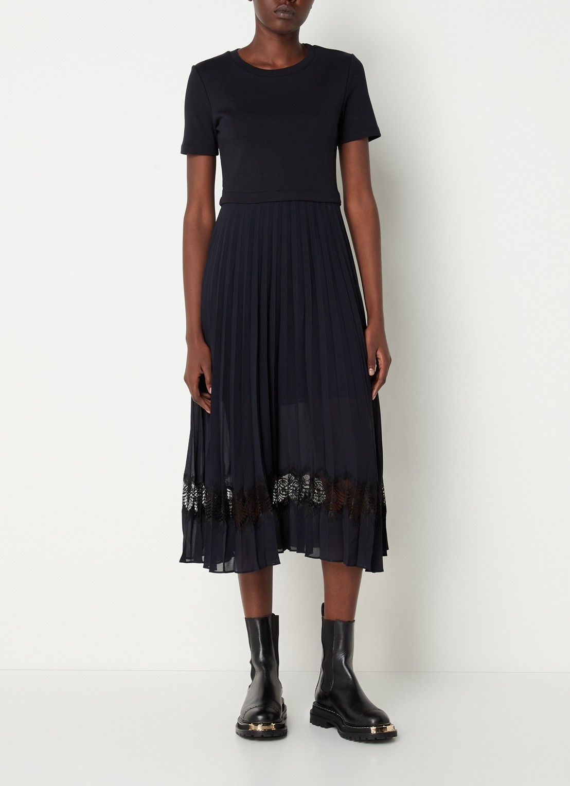 Claudie Pierlot Teli midi jurk met plissé en kant - detail 4 donkerblauw