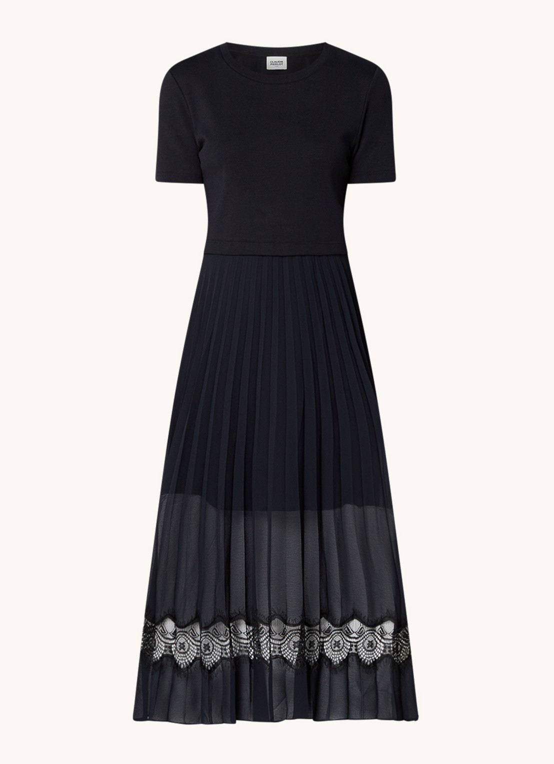 Claudie Pierlot Teli midi jurk met plissé en kant - voorkant 2 donkerblauw