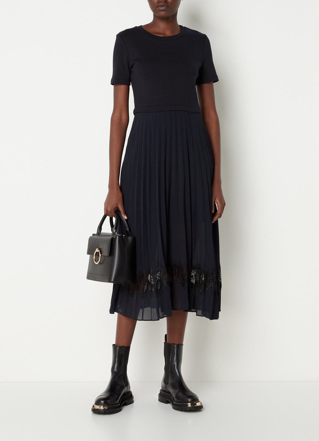 Claudie Pierlot Teli midi jurk met plissé en kant - voorkant 3 donkerblauw